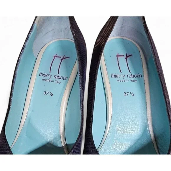 thierry rabotin navy blue ribbed leather pump 3" heel wide EU37 1/2 US7 - Picture 11 of 12